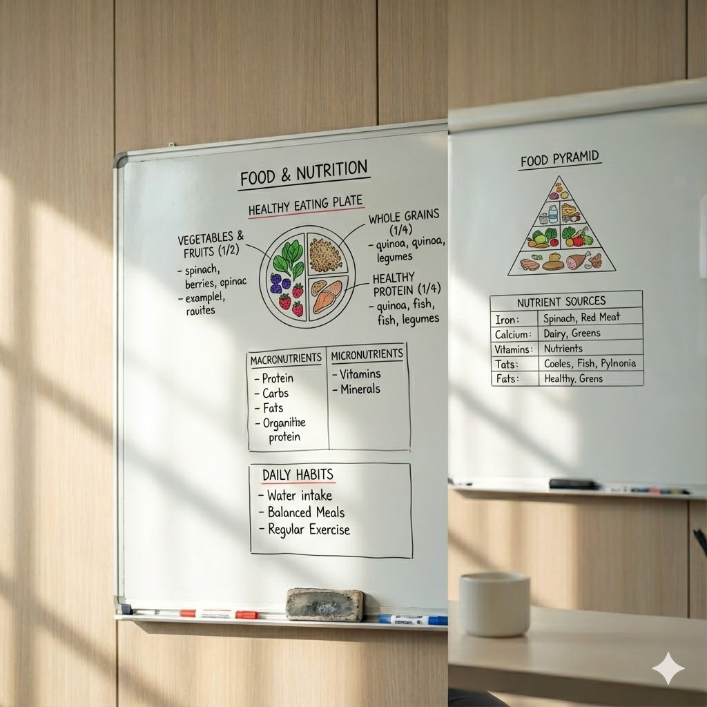 Whiteboard diagram showing healthy eating plate and nutrition foundations